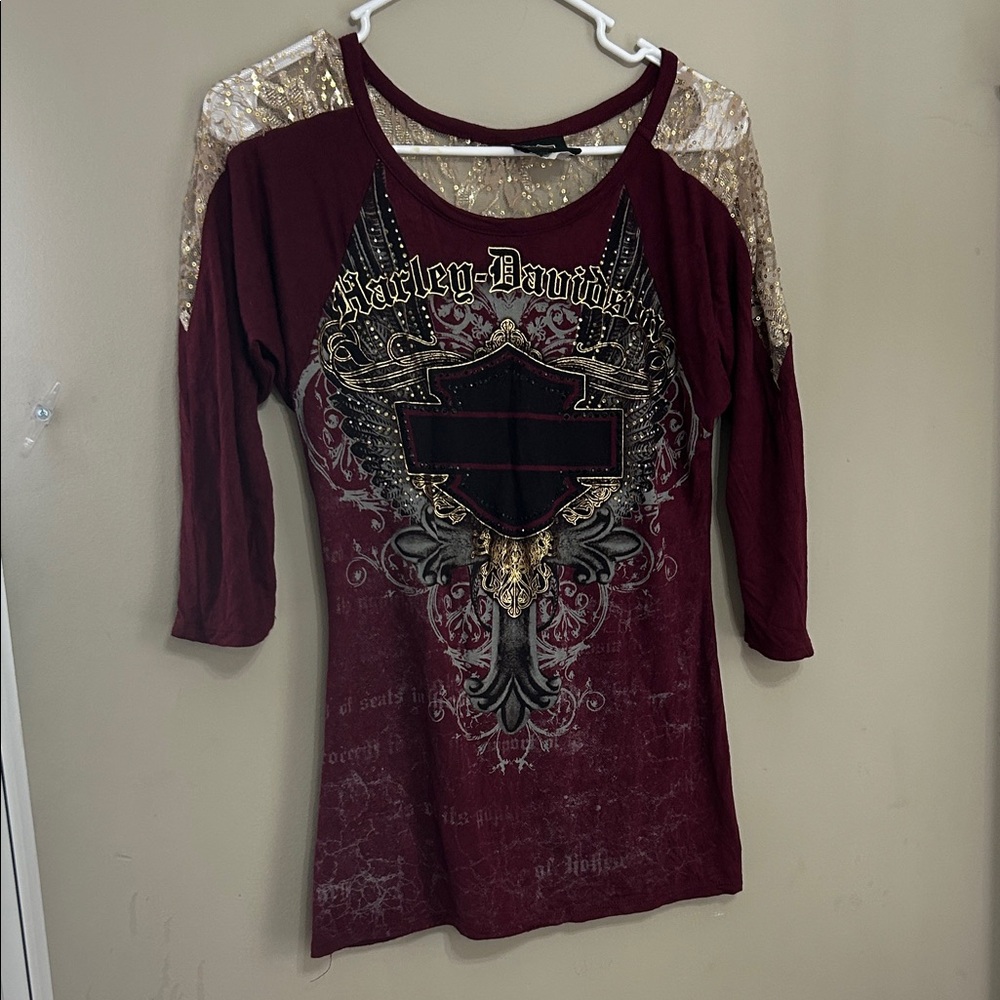 Harley-Davidson Maroon Graphic Raglan Top with Gold Sequin Lace Back